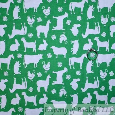 BonEful Fabric FQ Cotton Quilt Green White 4H Club Print Clover Farm Horse Chick - Image 1 of 4