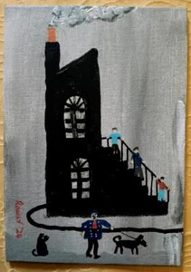 LOWRY DOGS HOUSE STEPS Pintura al óleo impresionista original L S RUIDOSA 5X7 - Imagen 1 de 4