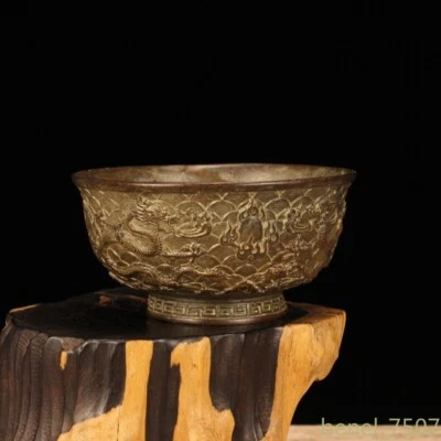 Antiguo cuenco decorativo de bronce chino con patrón de dragón escultura artesanal Foto 1 de 4