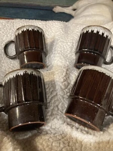 VTG Lot 4 1970s 1960s Retro MCM Brown Drip Glazed Stackable Tea Coffee Mugs 8oz - Picture 1 of 9