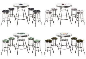 NFL Theme 5PC Chrome Metal White Bar Table w/ 4 Team Logo Fabric Swivel Cushions - Picture 1 of 55