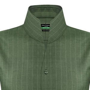 Camisa de Colección Cuello Alto Abierto en V Karl Lagerfeld Para Hombre Verde Oliva Tiza Rayas - Imagen 1 de 9