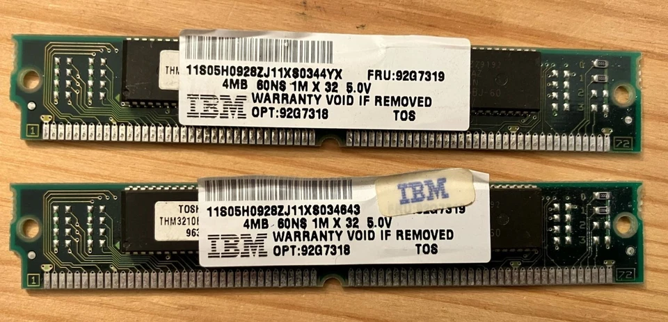 2X IBM 4MB (8 MB TOTAL) SIMM Memory (92G7319) - 5V - 60 ns - Image 1 of 2