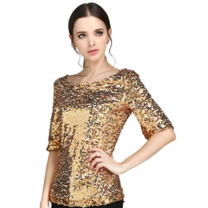 Womens Casual Shiny Summer Blouse Sequined Glitter Shirt Top Half Sleeve Tops Sz - Picture 1 of 10