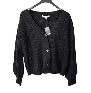 JOE'S Cardigan Sweater Womens XL Waffle Knit Cropped Silver Buttons Black Lurex - Picture 1 of 9