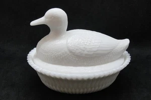 EAPG McKee Glass Co's Opaque White Duck Covered Dish - Picture 1 of 2