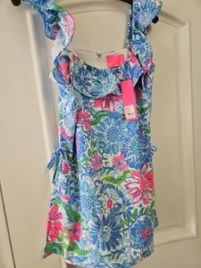 NWT Lilly Pulitzer Zoya Ruffle Size 4  Romper Frenchie Blue Suns Out, Org$198 🌞 - Picture 1 of 8