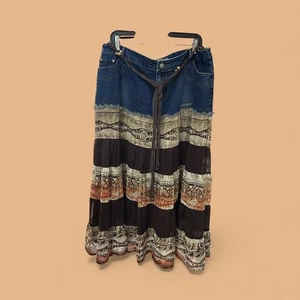 Donna Moore Denim Maxi Skirt Tiered Boho Brown Print Size 20W Plus Size - Picture 1 of 5