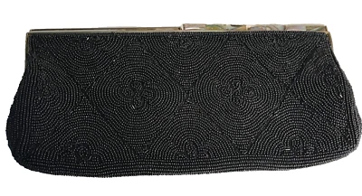 Embreagem Sharonee Japão feita à mão semente preta frisada tom dourado metal fecho de pressão - Imagem 1 de 4