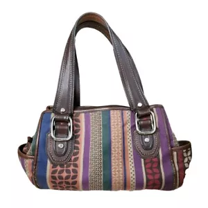 Vintage Y2K Fossil Brown Leather & Multicolored Stripe Fabric Boho Satchel Bag - Picture 1 of 7