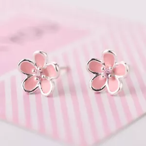 Pink Flower Earrings Minimal Earrings 925 Sterling Silver Stud Earrings - Picture 1 of 4