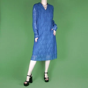 VINTAGE 80s 70s Blue Sheer Floral Lace See Through Midi Dress Medium M 12 14 - Picture 1 of 14