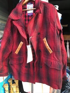 PRPS GOODS & CO Japan Plaid Red/Black MENS Leather Elbow Patch PEACOAT/JACKET XL - Picture 1 of 5