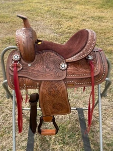 Youth - Kids Western Pleasure/Trail Saddle With Brown Suede Seat | Floral Tooled - Picture 1 of 8