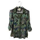Fig and Flower Button Blouse Size S Green Watercolor Camo Print Roll Tab Sleeve