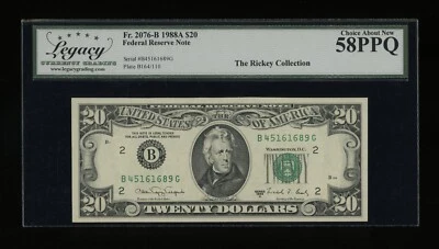 DBR 1988-A $20 FRN New York Fr. 2076-B Legacy 58 PPQ Serial B45161689G - Image 1 of 2