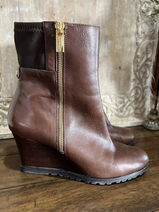 Michael Kors Aileen Women Wedge Boots 8.5 Brown  Leather Ankle Double Zipper - Picture 1 of 8