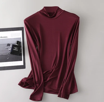 Mujeres 100% Real Seda Morera Camiseta Cuello Alto Manga Completa Tejido Prendas para el torso Foto 1 de 4