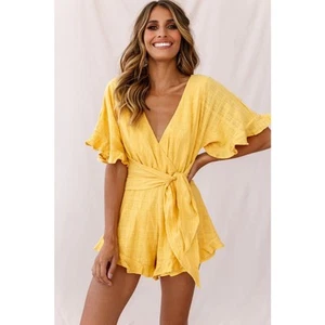 PRICESS POLLY Karin Romper Yellow Gauze Ruffled Trim Waist Tie Casual Women's 6 - Picture 1 of 15