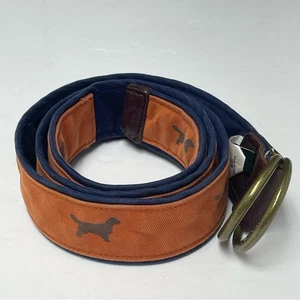 J.Crew Belt womens size 42x1.8 inch Orange Blue Retriever Dog print Cotton - Picture 1 of 13