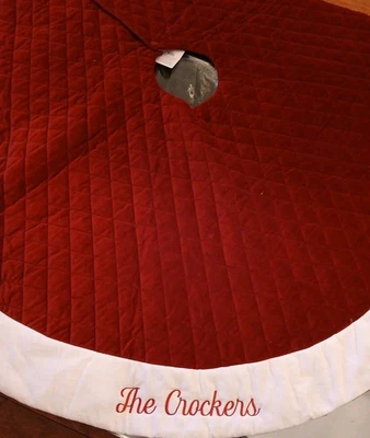 Pottery Barn Tree Skirt 60"D Red Velvet White Cuff,Mono (The Crockers) NWT - Image 1 of 4