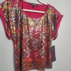 Top de lentejuelas rosa y multicolor casi famoso frente transparente fiesta talla M... - Imagen 1 de 13