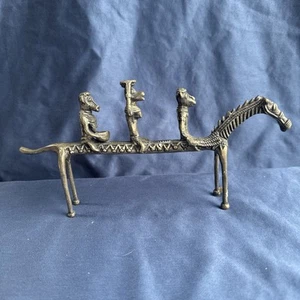 World Market Ashanti African Congo Zebra pewter Or Brass Horse W/ Tribal People - Picture 1 of 4