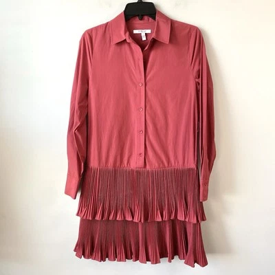 Derek Lam 10 Crosby Stirling Tiered Plisse Poplin Shirt Dress Red 0 - Image 1 of 4