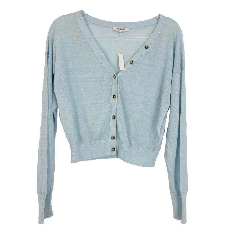 Cárdigan Suéter MADEWELL Mezcla de Lino Cuello en V M Azul Pálido Ligero Delgado B6 Foto 1 de 4