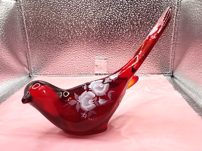 Fenton Bird of Happiness - Ruby Red Glass Amberina Hue White Roses Sgnd Robinson - Image 1 of 4