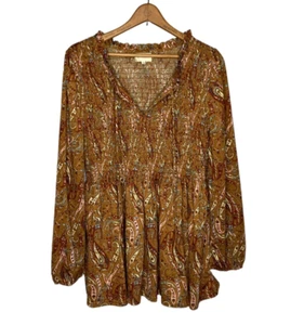 Anthropologie Large L Melloday Brown Paisley Smocked Babydoll Knit Peasant Top - Picture 1 of 4