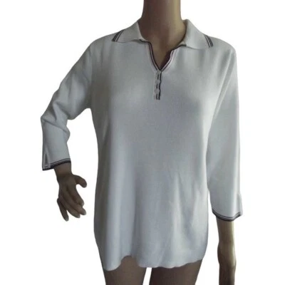 Suéter feminino Karen Scott Henley tamanho médio branco com nervuras gola V gola náutica - Imagem 1 de 4