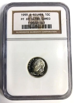 1999 S Silver Proof Roosevelt Dime Graded PF69 ULTRA CAMEO by NGC 118302-041 - Image 1 of 4
