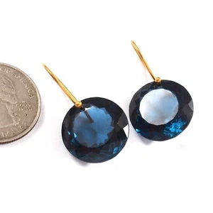 Lab-Created London Blue Topaz Earring -18k Solid Gold Handmade Hoop Earring - Picture 1 of 2