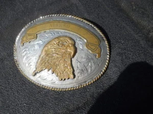 Vintage ALPACA Made In Mexico Eagle Head Trophy Banner Western Belt Buckle. - Picture 1 of 5
