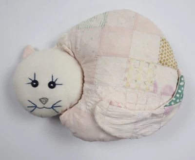 Vintage Handmade Distressed Crazy Quilted Cat Small Plush Pillow 11 inches - Image 1 of 4