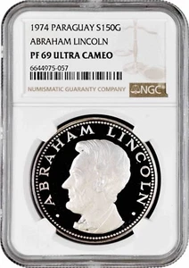 Paraguay 150 guaranies 1974, NGC PF69 UC, "Abraham Lincoln" Top Pop 1/0 - Picture 1 of 2