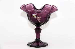 1970+ FENTON Empress Amethyst Glass Compote Hand Painted by Beverly Cumberledge - Picture 1 of 6
