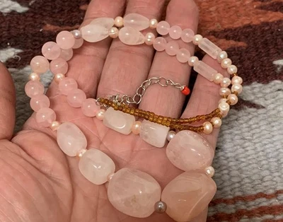 Gorgeous 20.5" authentic Rose quartz/pearl beads necklace(b127d-w2.5) - Image 1 of 2