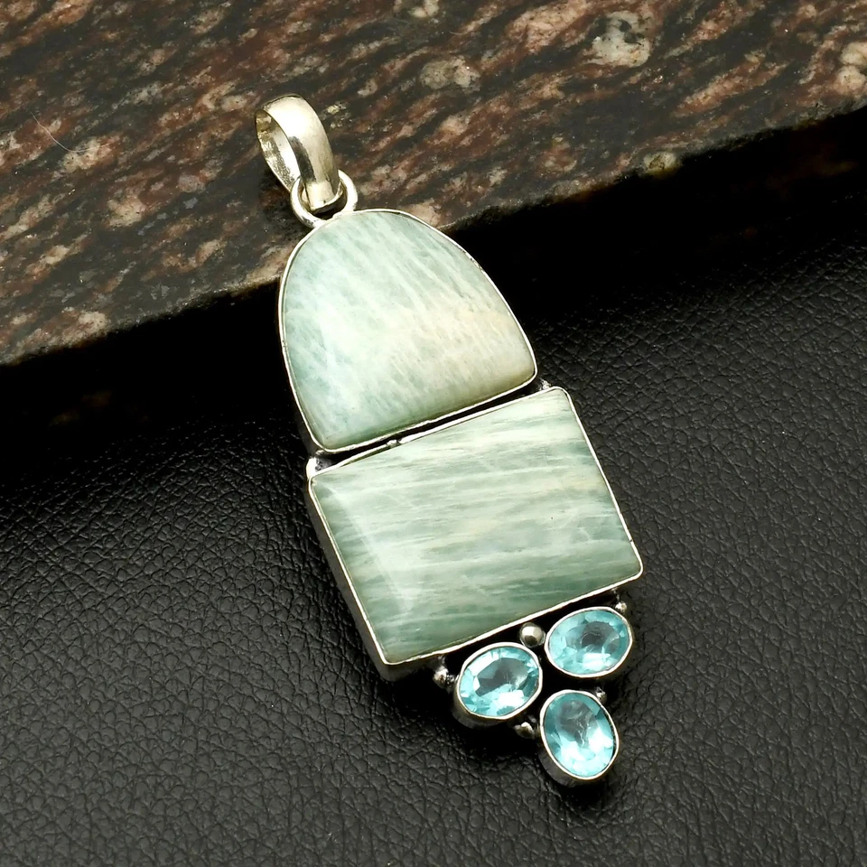 Amazonita Topacio Azul Piedras Preciosas Étnico Hecho a Mano Colgante Joyería Regalo 3" AP-38179 Foto 1 de 1
