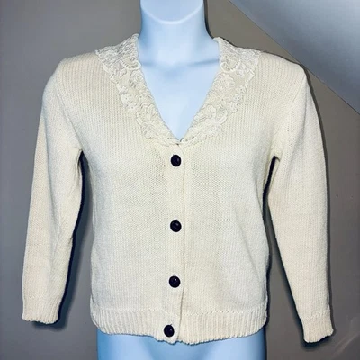 Chaus Vintage Ivory Cream Cardigan Sweater Button Up V-neck Lace Collar Small - Image 1 of 4
