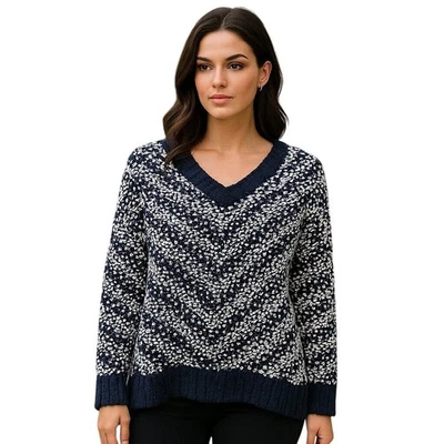 Allison Brittney 90's Chevron Sweater Navy & White Chenille V Neck Sweater XL Nw - Image 1 of 4