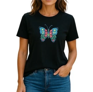 Quacker Factory Sequin Butterfly Black Tee All Cotton L - Picture 1 of 5