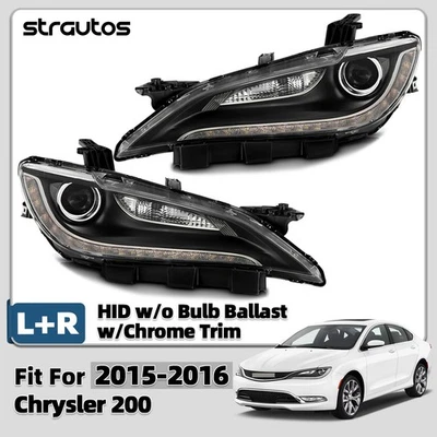 HID Headlight For 2015-2016 Chrysler 200 w/LED DRL w/Chrome Trim Left+Right Pair - Image 1 of 4
