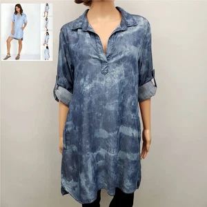 Bella Dahl A Line Shirt Dress Women M Blue Tie-Dye Chambray Roll Tab Sleeve  - Picture 1 of 11