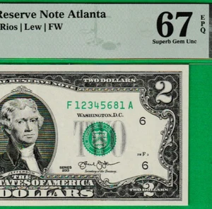 $2 TWO DOLLAR Federal Reserve note LADDER Serial Numbers 1-2-3-4-5-6-8-1 PMG 67 - Picture 1 of 3