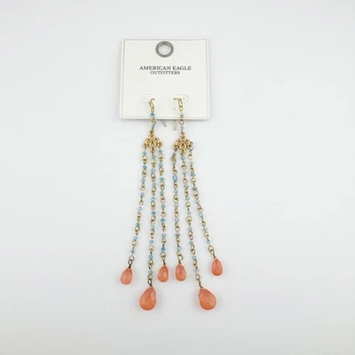 American Eagle Y2K Beaded Chandelier Earrings Gold Tone Coral Blue Dangle NWT - Image 1 of 4