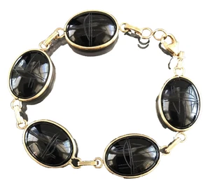 Carla Black Onyx Scarab 14k Yellow Solid Gold Link Bracelet  7.5" - Picture 1 of 8