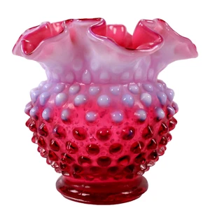 Fenton Glas Vase Opalescent Cranberry Hobnail Ruffle Mid Century - Bild 1 von 10