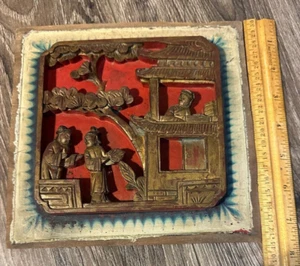 Antique Beautiful Chinese Carved Wood Panel with Painted Border - Picture 1 of 2